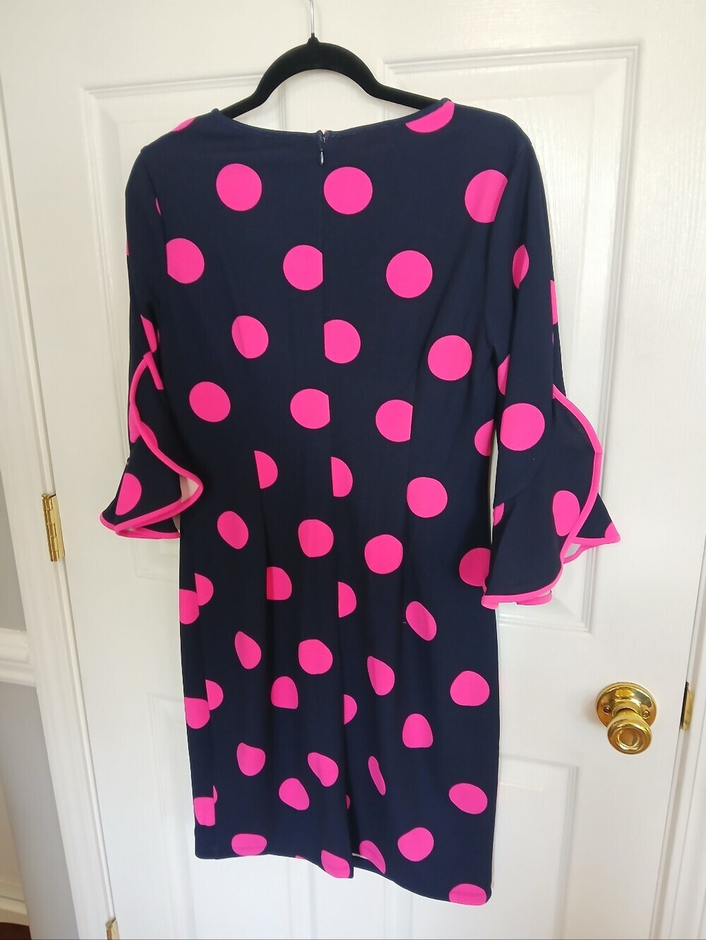 I Le New York Navy Dress with Bright Pink Polka Dots Bell Sleeves Wedding Guest - Picture 6 of 6